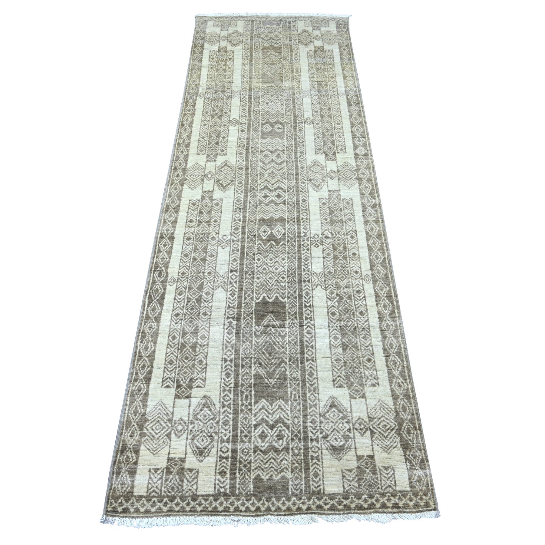 2'5"x7'6" Mocha Brown, Moroccan Berber Influence with Geometric Pattern, High Mountain Wool, Denser Weave, Hand Knotted, Runner, Oriental Rug 